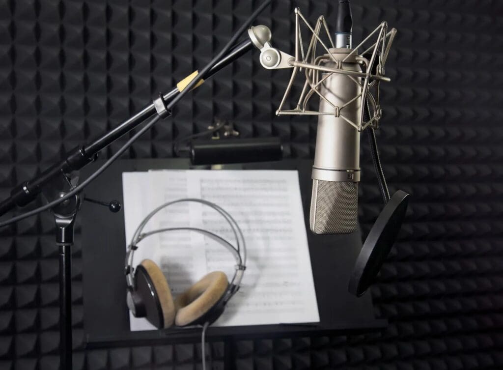 A microphone, headphones and music sheet in a recording studio.