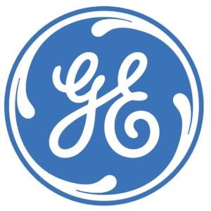 A blue and white ge logo on top of a green background.