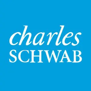 A blue square with the words charles schwab in white.
