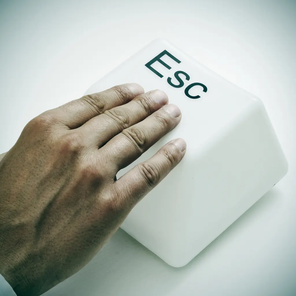 A man's hand is touching a white esc key.